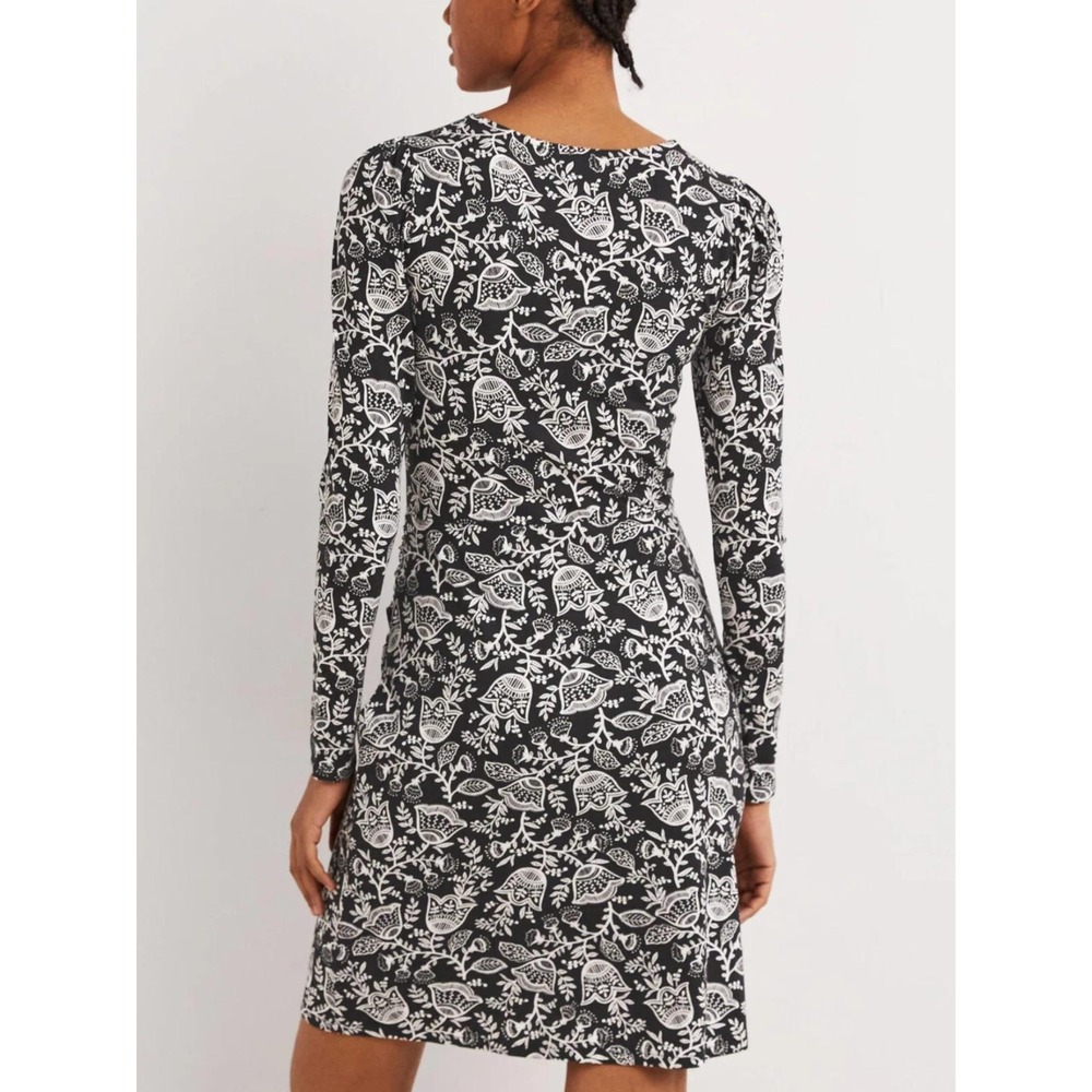 Boden Women US 4 Long Jersey Dress Black White Floral Long Sleeve Ruched Side - Picture 11 of 11